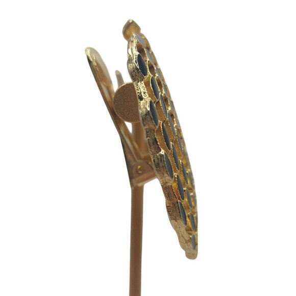 Vintage Gold-Tone Clip-On Earrings With Black Enamel Accents - Picture 3 of 5